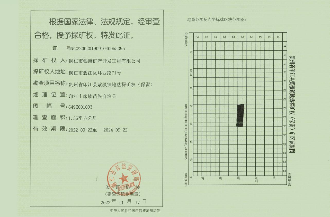 铜仁城交集团银海矿产公司获得印江县紫薇镇地热探矿权（保留）证书